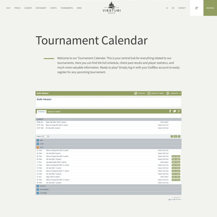 Web Design, Golf Tournament Calendar